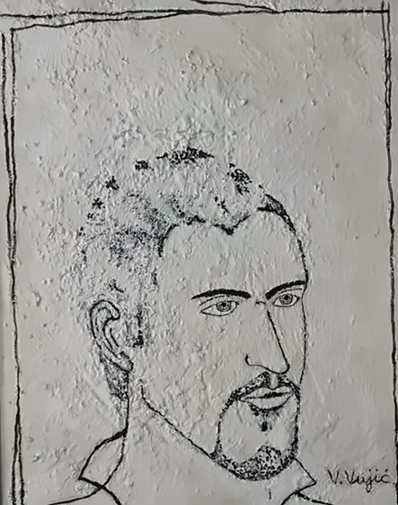 Vesko Vujić — figurative study, sparse composition, white ground, Recent Works, Work 29