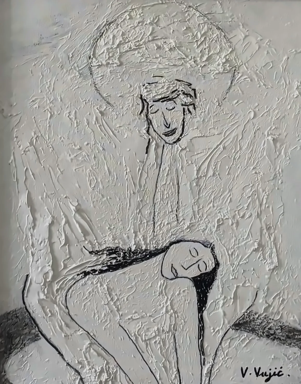 Vesko Vujić — solitary nude, white field, black line, Recent Works, Work 34
