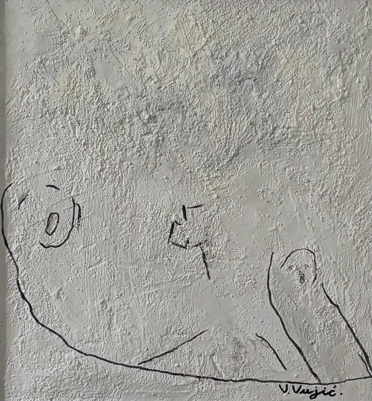 Vesko Vujić — standing figure, psychological presence, hardboard, Recent Works, Work 44