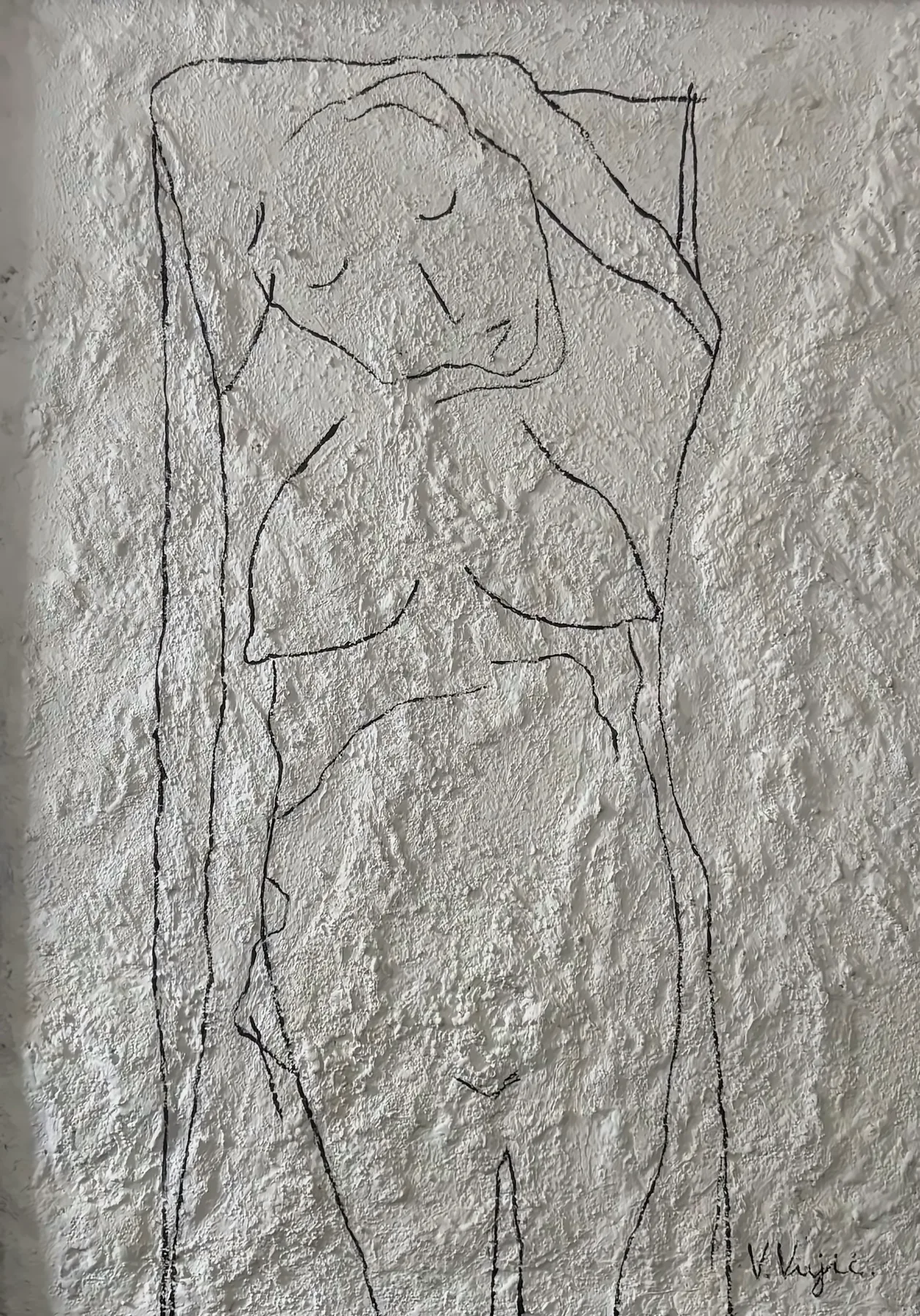 Vesko Vujić — standing nude, linear tension, white field, Recent Works, Work 57