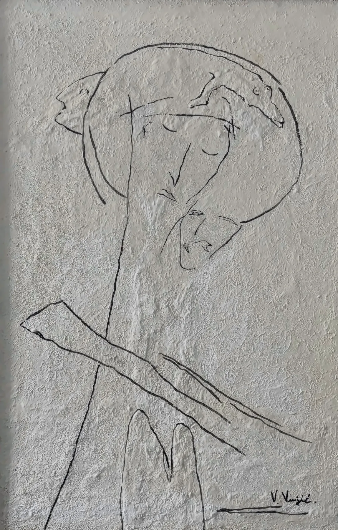 Vesko Vujić — solitary nude, linear precision, hardboard, Recent Works, Work 70