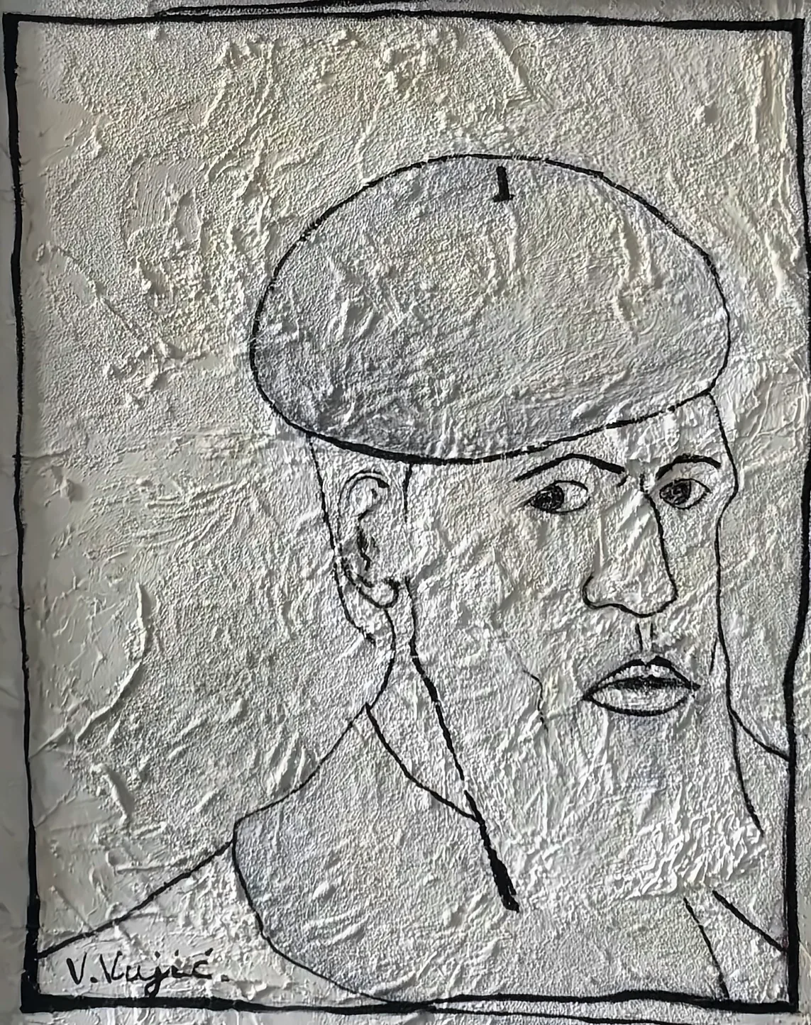 Vesko Vujić — standing form, expressive line, white hardboard, Recent Works, Work 73