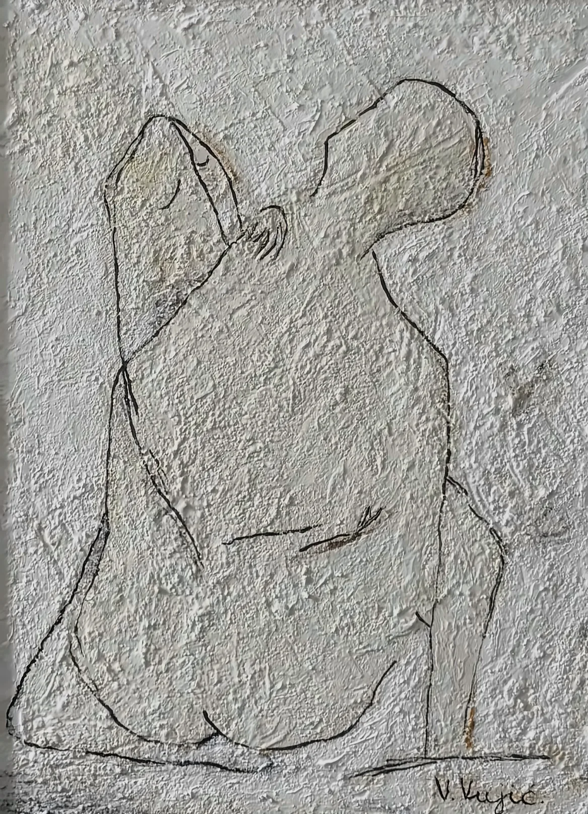 Vesko Vujić — minimal figure study, black line on white hardboard, Recent Works, Work 75